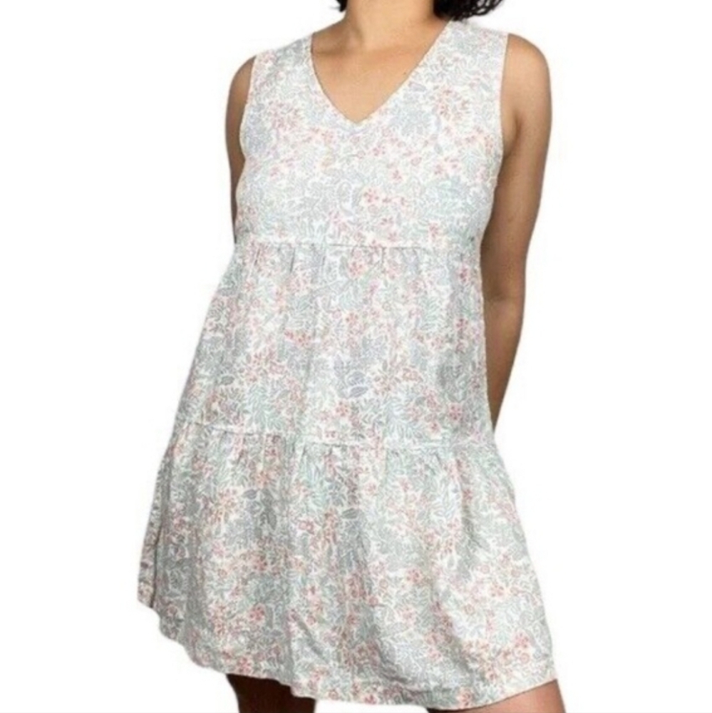 Joie White Green Pink Ditzy Floral 100% Linen Sleeveless Tiered Mini Dress‎ Sz S